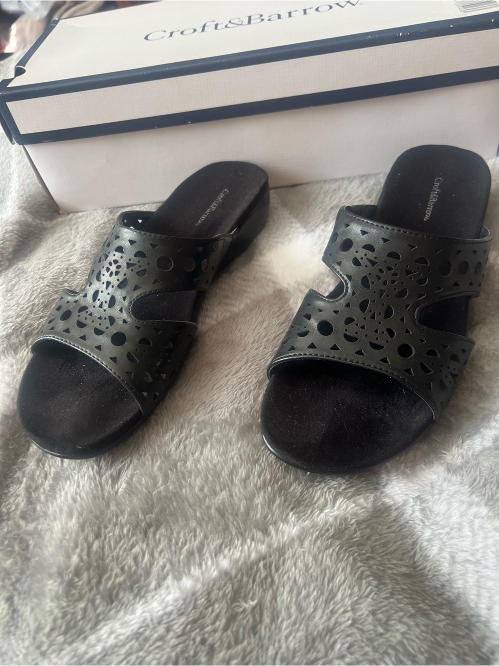 Croft & Barrow Black Laser-Cut Slide Mules- New Sz 7